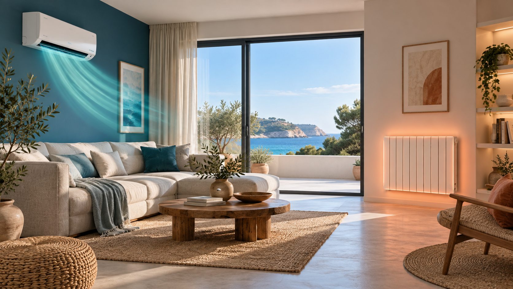 Salón con una bomba de calor y un radiador eléctrico para comparar ambos sistemas